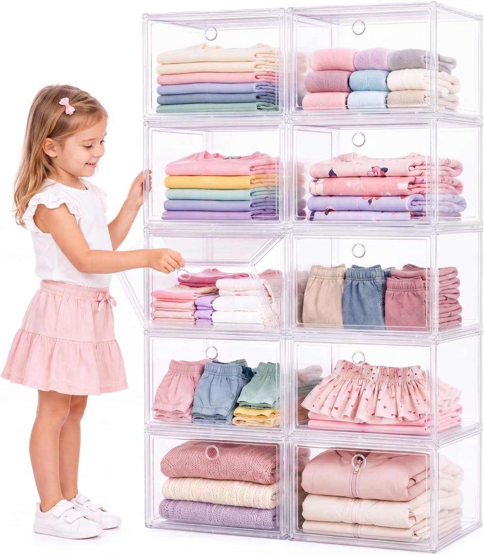 10-shelf Clothes Storage Organizer for Girls, Clear Plastic Bins, 
Product Dimensions	13.78"D x 11.42"W x 11.42"H