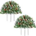 Outdoor Christmas Tree Urn Filler 2 Set, Pre-lit Artificial Flocked Xmas Tree with Cones & Red Berries, Small Christmas Tree with 70 Warm Lights (Frosted Green)