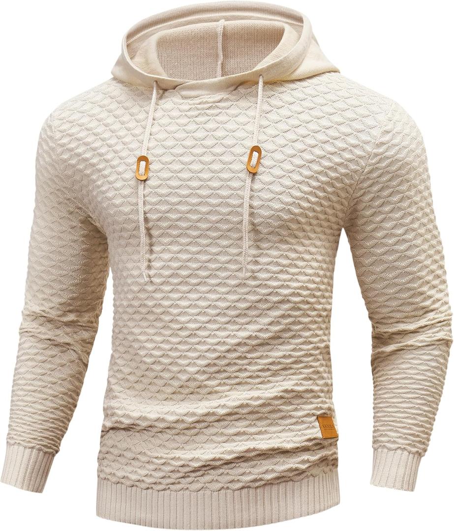 Mens Hooded Sweatshirt Casual Long Sleeve Drawstring Solid Knitted Hoodie Pullover Sweater (L)