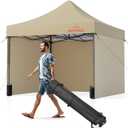 10x10 Pop Up Canopy Tent with 8 Reinforced Steel Wire Ropes, Heavy Duty Instant Canopies with 3 Removable Sidewalls, Khaki