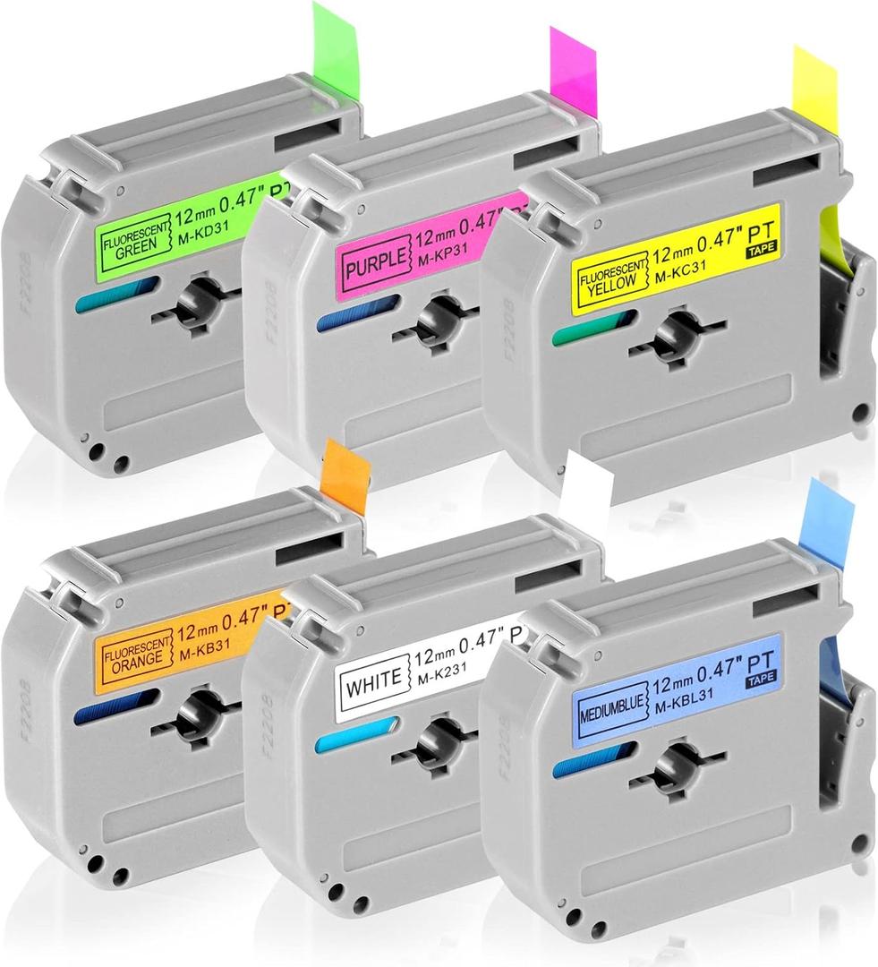 6 Color Compatible Label Tape Replacement for Brother P Touch M Tape 12mm 0.47 M Compatible with P-Touch PT-M95 PT-90 PT-70 PT-65 PT-85 Label Maker Refills (White / Purple / Yellow / Green / Orange / Medium blue)