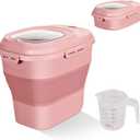 Cereal Rice Food Storage Containers, Collapsible 20 to 50 Lbs Dispenser Bin with Rolling Wheel Airtight Locking Lid, Dog Pet Cat Flour Sugar Plastic Leakproof Sealable Large Kitchen Pantry Holder (Pink)