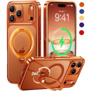 CASEKOO Glossy 360 Spin Magnetic Stand for iPhone 17 Pro Max Case [Fit for MagSafe][17FT Military Protection] Slim Hand-Polished Frame Titanium Alloy Sturdy Stand 6.9", Glossy Cosmic Orange