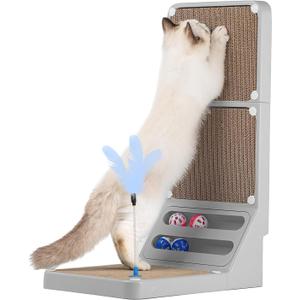 Cat Scratching Post Cat Scratching Board,2-in1 L Shaped Cats Cardboard Scratcher with Box, Kitten Scratcher Ball Wall Scratchers Pad for Indoor Cats Grey