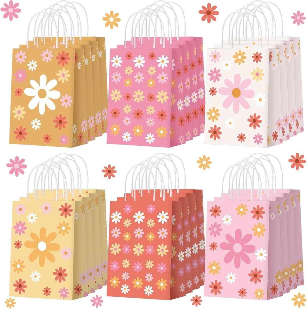 Glenmal 24 Pcs Daisy Flower Gift Bags Bulk Pink Flower Gift Bags Boho Daisy Party Favors Goodie Bag with Handles for Wedding Retro Birthday Spring Party Decorations Supplies, 6 Styles