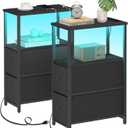 TUTOTAK Small Narrow LED End Table with Charging Station, Side Table Outlets, Nightstand with 2 Cloth Drawers, Set of 2, Couch Table, for Living Room, Bedroom, Bedside, Black TB01BK056