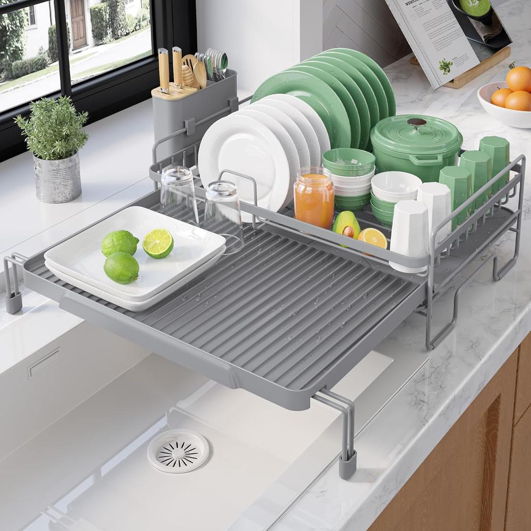 Kitsure Extendable Dish Drying Rack - Adjustable Length 12.8"–21.0", Auto-Draining Dish Rack for Kitchen Counter, Rust-Resistant Metal Frame Over-Sink Support for Plates, Bowls & Utensils, Grey