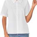 LYANER Women's Lace Collar Neck Short Sleeve Button Down Elegant Work Shirt Blouse Top (White, XS)
