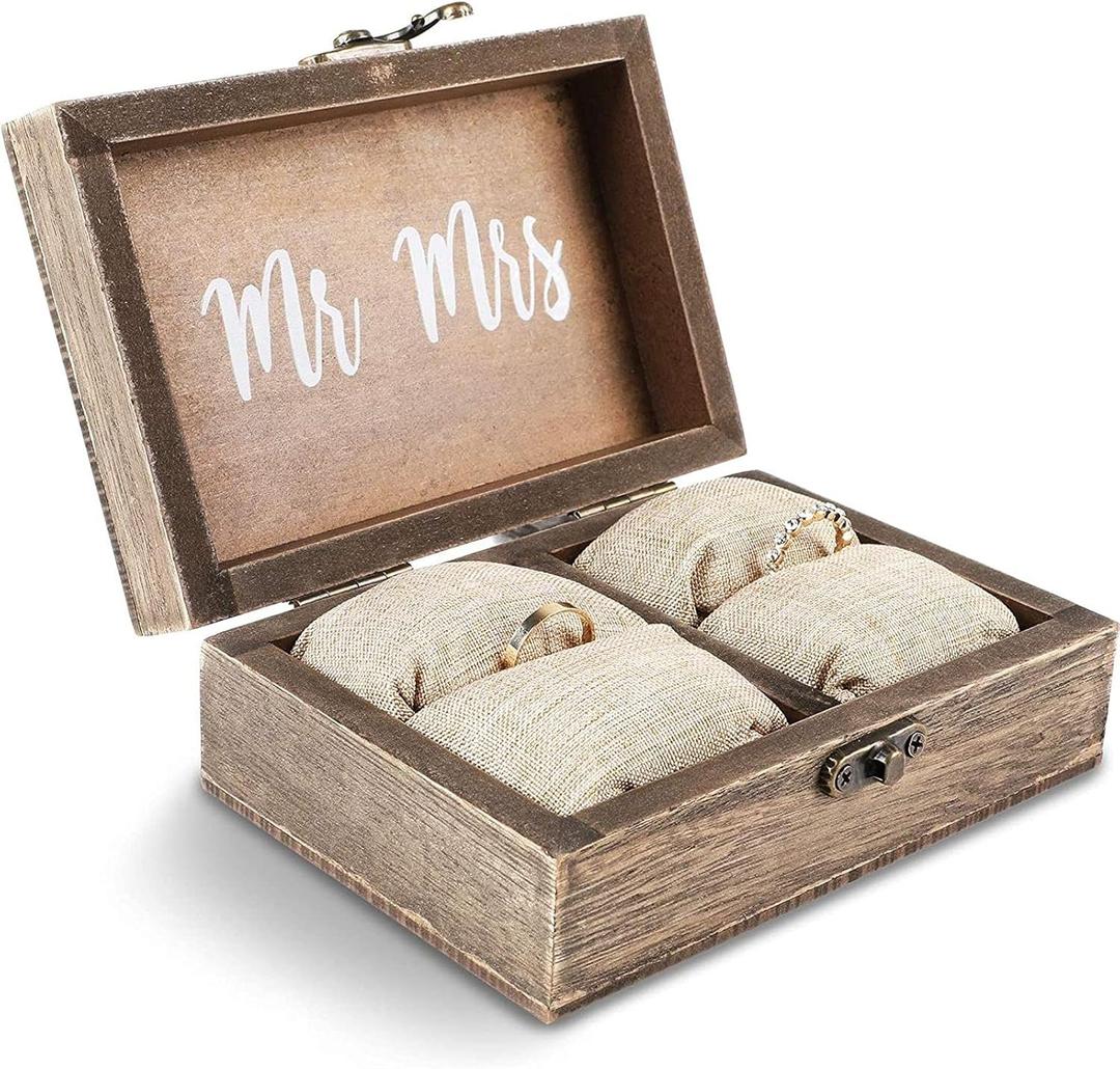 Juvale Wooden Two Become One Wedding Ring Box with Burlap Pillow Lining, Hinge Clasp Closure Wedding Ring Holder for Ceremony, Anniversaries, and Marriage Renewal (6x4x2 in)