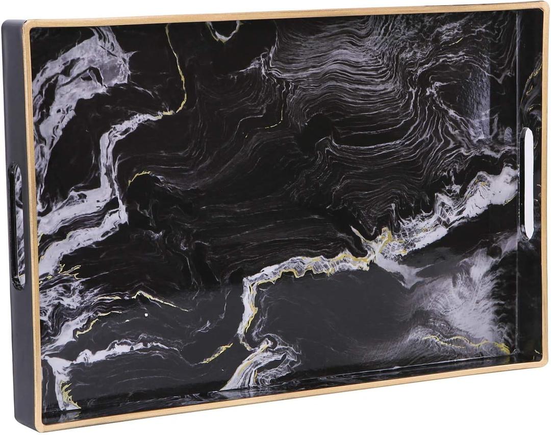 Decorative Tray, Marbling Plastic Tray with Handles, Rectangular Vanity Tray and Serving Tray for Bathroom, Kitchen, Ottoman and Coffee Table, 15.6 x 10.2, Black