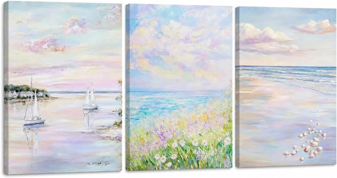 SEWEAIPIC 3 Piece Coastal Wall Art, Dreamy Pastel Pink Beach Canvas Prints, Calming Ocean Sunset Painting for Bedroom, Living Room Decor, Seascape Artwork, 16x24 inch - Framed, 24L''x16W'' Wrapped Canvas