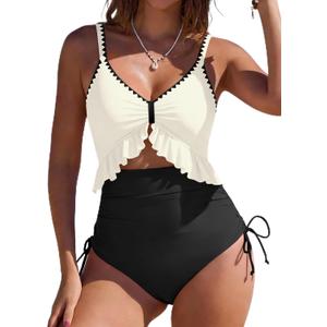 SHESHOW Womens Tummy Control One Piece Swimsuit High Waisted Cutout Ruffle Bathing Suit Color Block Swimsuits Black, Medium