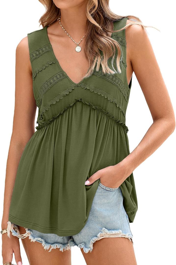 Glamaker Women Summer Tank Tops Babydoll Beach Lace Peplum Tops Boho Flowy Sleeveless V Neck Casual Tunic Shirts (Green)