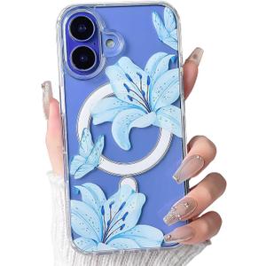 NITITOP Compatible with iPhone 16 Plus Case Clear Magnetic Compatible with MagSafe Cute Lily Flowers Floral for Women Girls Hard PC Back Shockproof Protective Phone Cover - Blue