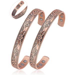 BioMag 2 Pcs Magnetic Copper Bracelet for Women Men, 99.99% Pure Copper Cuff Bangle with with 12 Pcs 3500 Gauss Magnets, Adjustable Size, Floral Vine Design