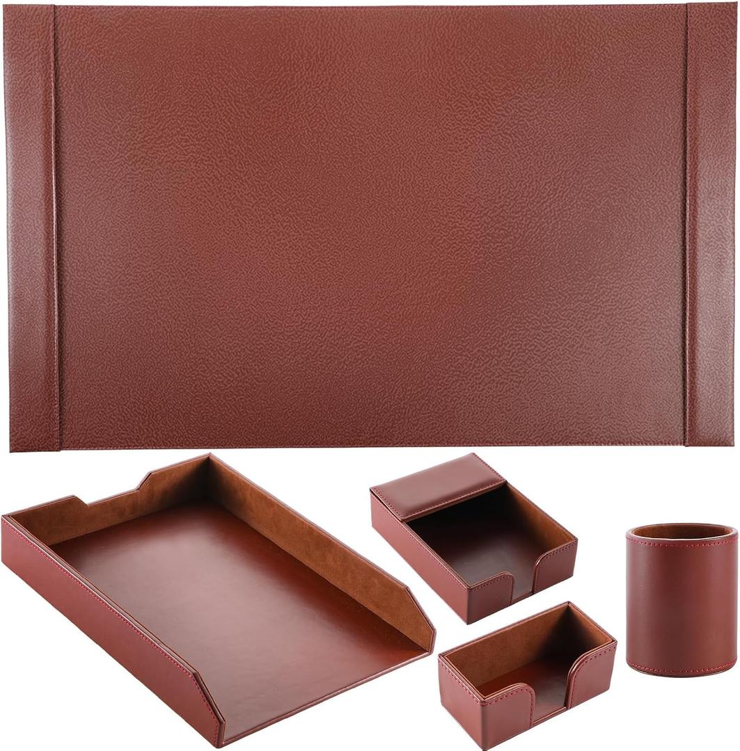 5 Pcs Bonded Leather Desk Organizer Accessories Set 30 x 18 Inch Leather Desk Mat Protector Sticky Note Holder File Paper Tray Pen Cup Business Card Holder Workspace Decor for Women Men