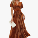 Simplee Women’s V Neck Velvet Maxi Dress Short Sleeve Empire Waist Long Formal Dress for Wedding Guest M