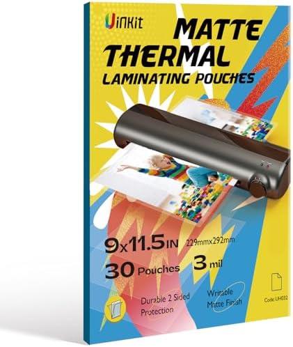Uinkit Matte Thermal Laminating Sheets, 9 x 11.5 Inches 3 Mil Clear Anti-Glare with Matte Finish 30 Pack Fitted for Letter Size Laminating Pouches 8.5 x 11 inches