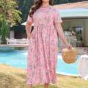 Keluummi Women's Plus Size V Neck 3/4 Sleeve Empire Waist A-Line Maxi Dress | Wrap Design, Surplice Neckline, Pockets, Side Split, Stretchable, Floral Print, For Spring Summer, For Wedding Guest Formal, 16+