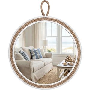 Vercraft Coastal Mirror 24" Wall Decor with Rope Wrapped Trim and Hanging Loop Nautical Round Circle Mirror Nautical Rustic Decorative for the Living Room, Bedroom Bathroom and Entryway