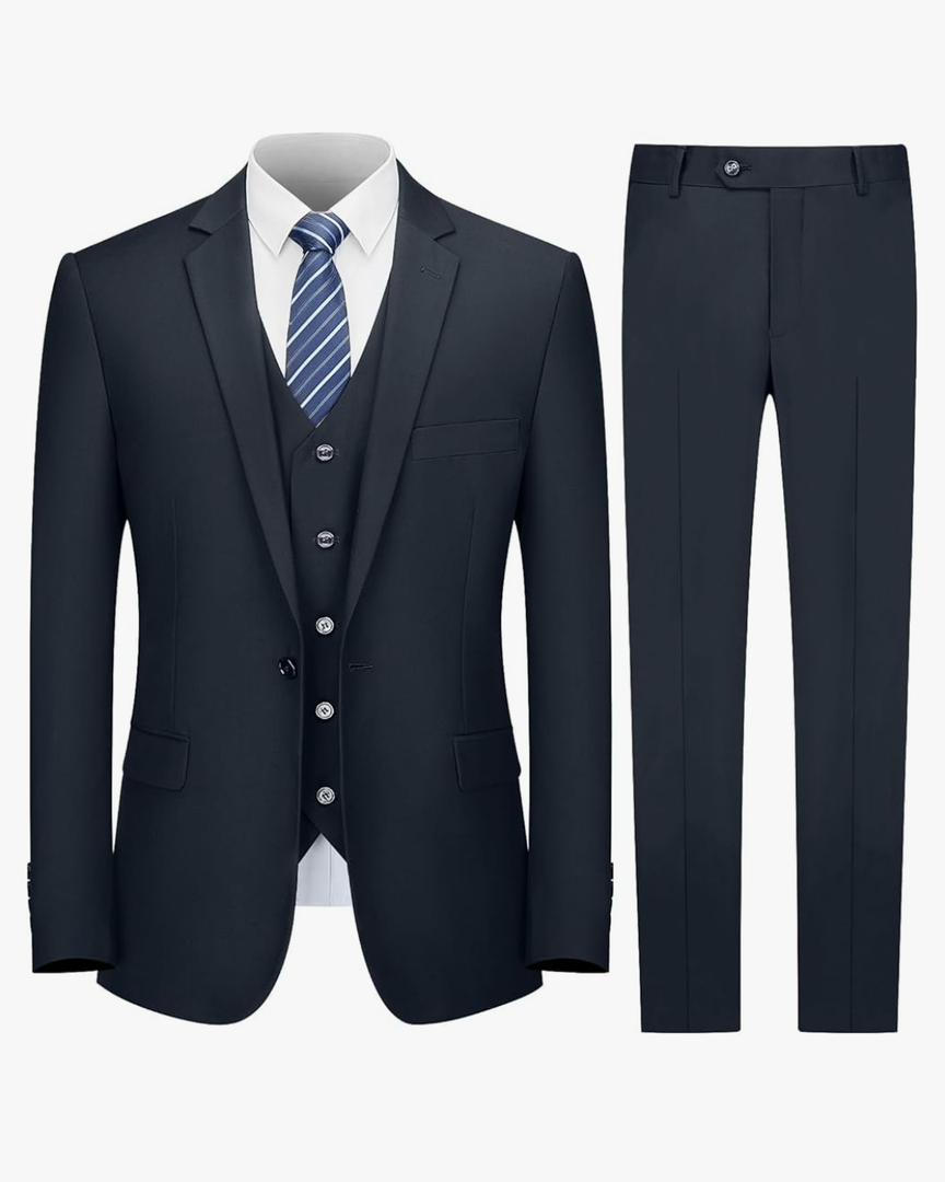Cooper & Nelson Men's Suit Slim Fit, 3 Piece Suits for Men, One Button Solid Jacket Vest Pants with Tie, Tuxedo Set M