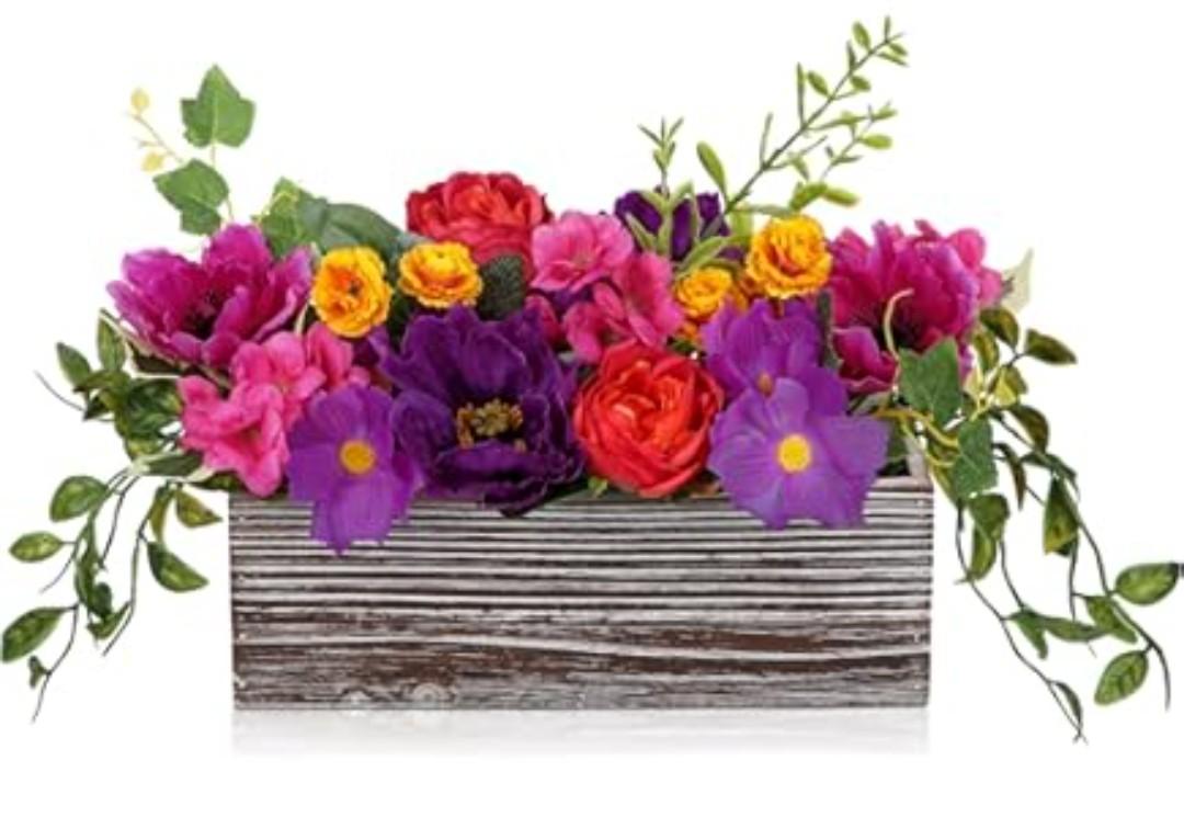 DILATATA Flower Arrangement with Wooden Vase 10" Artificial Flowers in Pot  Fake Flowers in White Rectangular Wooden Vase Potted Faux Flower Centerpieces for Table Decor Living Room  Purple