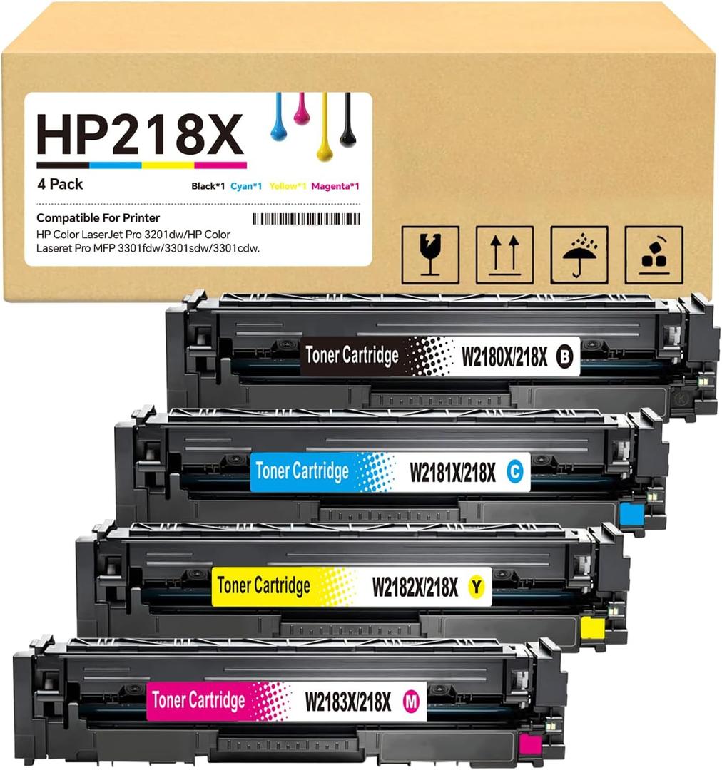218X High Yield Toner Cartridge (No Chip) Replacement for HP 218X/218A to Compatible with HP Color Laser Jet Pro 3201dw MFP 3301cdw MFP 3301fdw MFP 3301sdw (4 BK/Y/C/M) W2180/2181/2182/2183X (No Chip)
