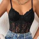 COZYEASE Women's Lace Bustier Cami Bodysuit Plain Sleeveless Slim Fit Sheer Mesh Corset Top Romper (Black, L)