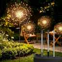 Solar Firework Lights Outdoor, 200 LED Starburst Garden Lights, Adjustable Height 2/3-Rod up to 51in, Stainless Steel, 2 Lighting Modes, IP65 Waterproof Pathway Light for Yard Patio Lawn