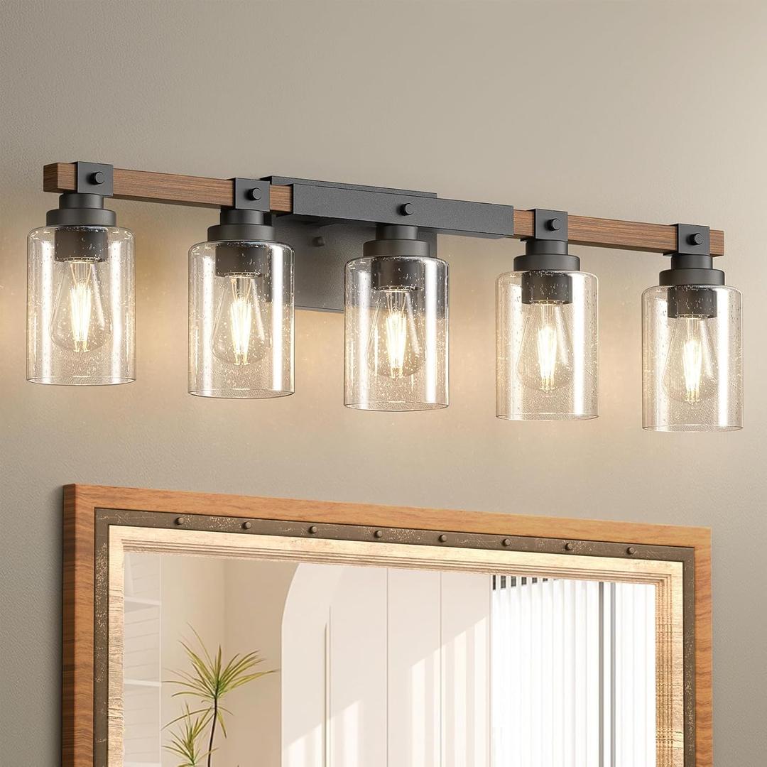 Amico Farmhouse Vanity Light Fixtures, Rustic 5-Light Industrial Painted Wood Lights for Bathroom, Vintage Black Wall Sconces with Bubble Glass Shade