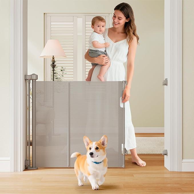 One-Hand Operation Retractable Baby Gates, 59 inch Retractable Gate with Reinforced Strip Design to Prevent Crawling Through, 5 FT Retractable Dog Gate for Stairs, Doorways, Hallways (34" Tall x 59" Wide, Gray)