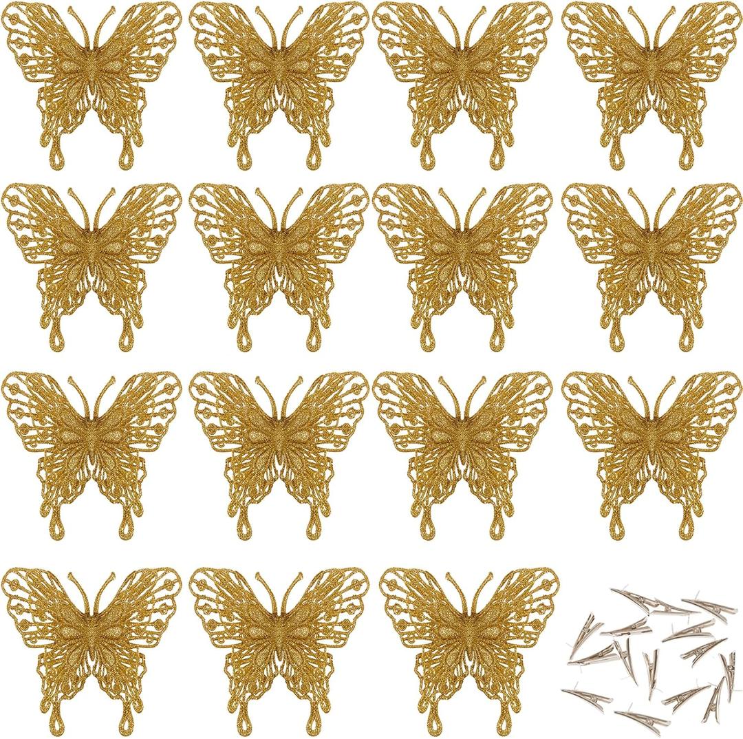 2 x 15 PCS Glitter Butterfly Christmas Tree Ornaments, Hollow-Out Butterfly Christmas Decoration with Clips, Craft Xmas Ornaments, Christmas Tree, Wreath, Garland, Office, Home Decorations, Gold