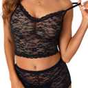 Vrtige Women's Sexy Sheer Floral Lace Pajamas Lingerie Set See Through Cami Shorts 2 Piece Set (Black), Small