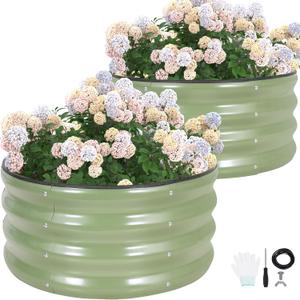 G GOOD GAIN Round Raised Garden Bed - 2Pcs 2x2x1ft Galvanized Steel Planter Boxes Outdoor with Rubber Edge Trim | Metal Raised Beds for Gardening Vegetables Flowers Fruits Herbs (Olive Green)