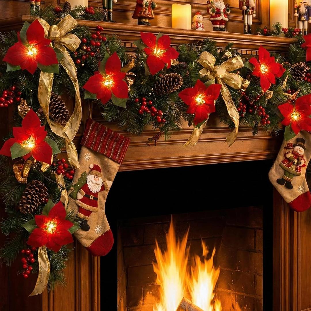 8.5FT Christmas LED Flower String Lights, Christmas Decorations Lights Outdoor with 10 LED Red and Green Flowers Bulbs, Plug in Flower Fairy Light for Xmas Tree Wedding Garden Porch Floral Decor