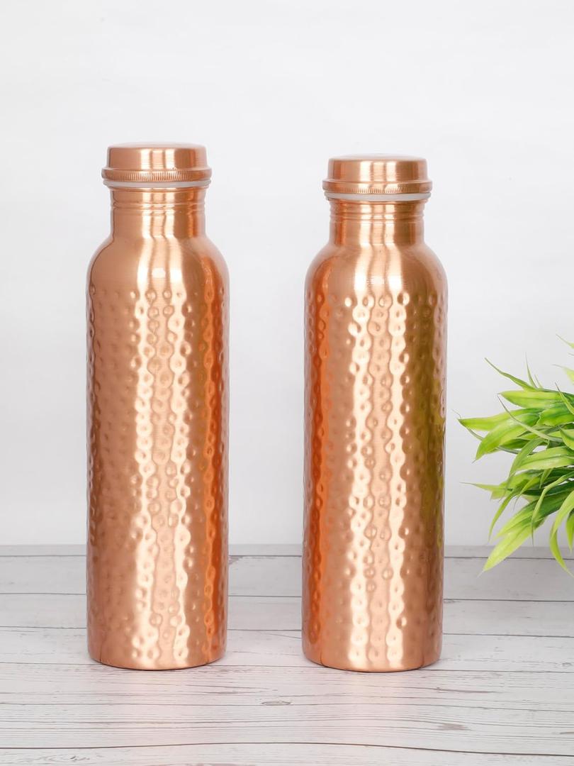 Pure Copper Water Bottle, Drink ware Set, Capacity 1000 ML, Set of 2 (HAMMERED 2)