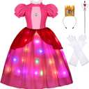 Girls Princess Dress Peach Costume Super Bros Kids LED Light Up Princess Dress for Deluxe Halloween Party Dress Up (9-10 Years)