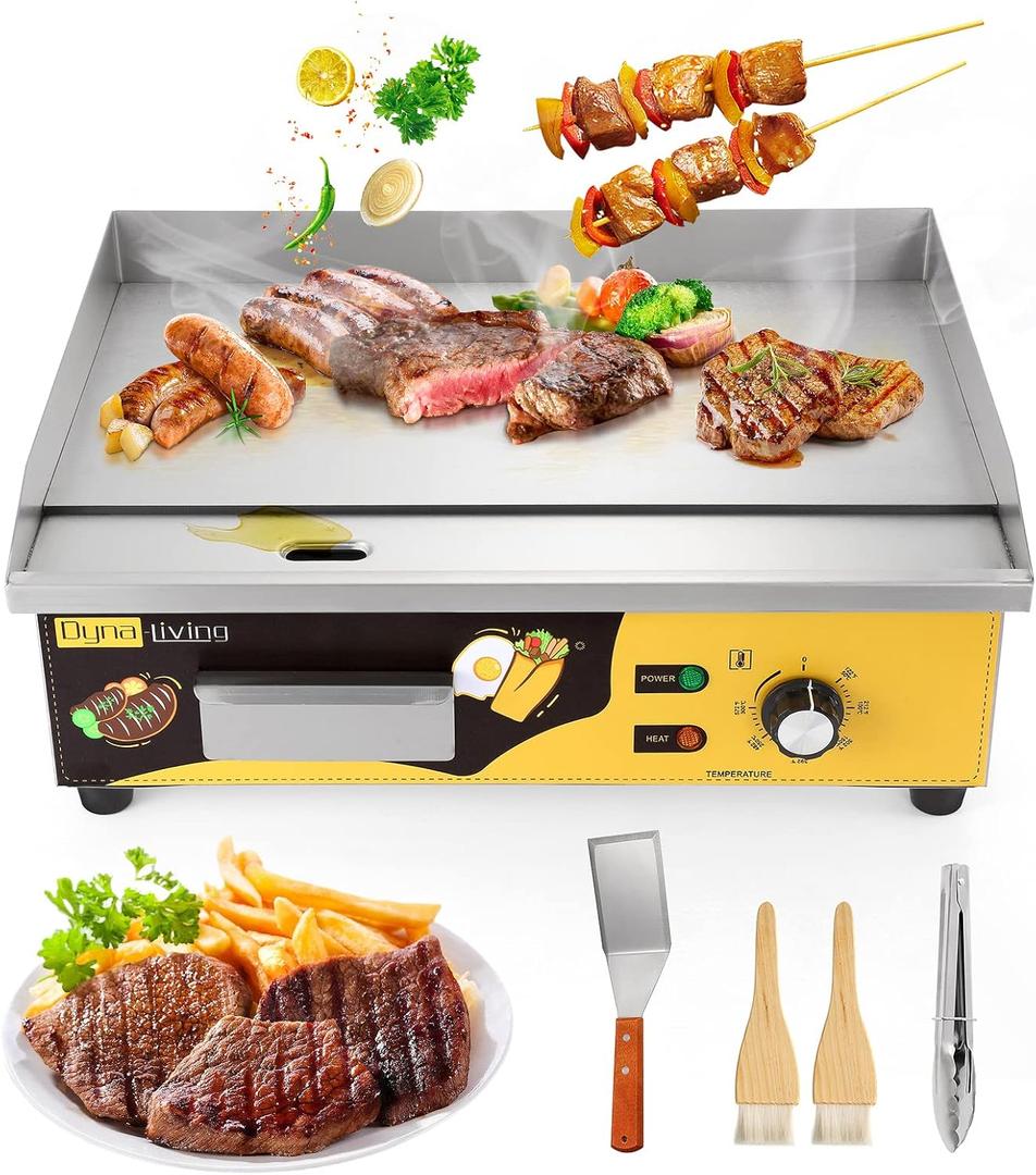 Dyna-Living Commercial Electric Griddle 22'' Stainless Steel Countertop Griddle 3000W 110V Flat top Grill Electric for Home Kitchen, Restaurant, 122~572 Temperature Adjustable