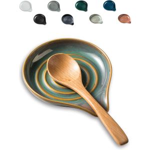 LAUCHUH Spoon Rest for Kitchen Counter,5" Spoon Holder for Kitchen Counter Stove Top Ceramic Spatula Holder for Ladle, Spatula, Spoons or Tongs, Christmas Decor, Unique Green