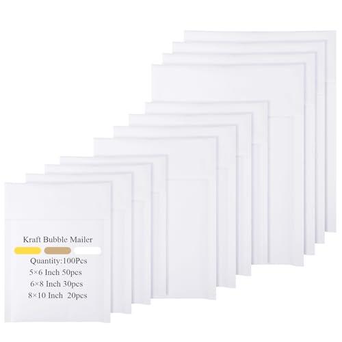Yeyeplum 100 Pcs Kraft Bubble Mailers 3 Size Padded Envelopes Kraft Poly Mailers Bubble Lined Shipping Envelopes Mail Shipping Bags for CDs Book Business Supplies (White)