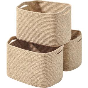 ICERZCZ Decorative Storage Baskets for Organizing Shelves, Toy Basket for Nursery, Woven Cotton Rope Baskets for Decor, Towel Basket for Bathroom, 15"x11"x9.5", 3 Packs, Brown