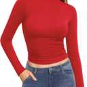 MANGOPOP Women's Turtleneck Mock Neck Shirt Double Lined Long Sleeve Short Sleeve Tops for Women Basic T Shirts Tight Tee (Red, L)
