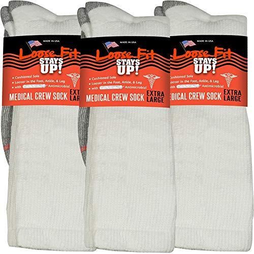 Loose Fit Stays Up Men's and Women's Medical Socks (Pack of 3) Made in USA. Cushioned Sole (X-Large, White)