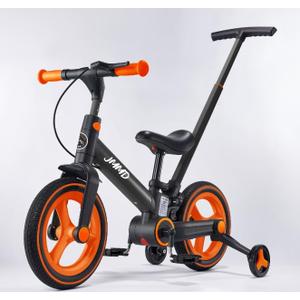 JMMD Toddler Bike with Push Handle for Kids 18-60 Months, 6 in 1 Foldable Push Bike with Training Wheels, Pedals, Brakes, Kickstand, Kid Balance Bike Gift & Toys for Boy & Girl, Orange