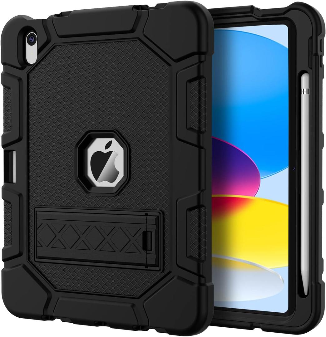 Azzsy Case for iPad A16 11th Generation 11 Inch 2025 / iPad 10th Generation 10.9 Inch 2022, [Built-in Pencil Holder] Heavy Duty Shockproof Rugged Protective Case, Black