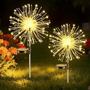 Dream Master Solar Garden Lights, 2Pack 120 LEDs Solar Lights Outdoor Waterproof, 8 Modes Fireworks Light, Valentines Day Decorations for Yard, Pathway, Walkway, Pool, Warm White