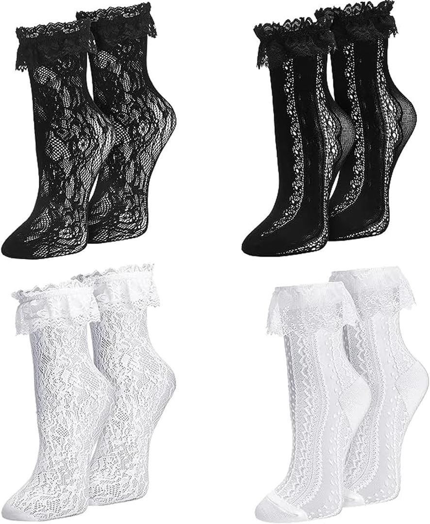 Womens Lace Ankle Socks Ruffle Frilly Dress Socks Sexy Mesh Lace Trim Lolita Sock Lacy Ruffled Bootie Sock for Woman (2 Pairs White + 2 Pairs Black), 5-11