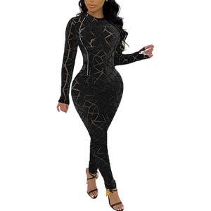 sedmoda Women's Sexy Bodycon Jumpsuits Long Sleeve Sheer Mesh Patchwork Side Zipper Party Club Rompers (Large, Black)