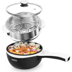 Dezin Hot Pot Electric with Steamer Upgraded, Non-Stick Saut Pan, Rapid Noodles Electric Pot, 1.5L Mini Pot for Steak, Egg, Fried Rice, Ramen, Oatmeal, Soup with Power Adjustment, Black