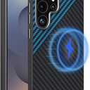 Magnetic Carbon Fiber Case for Samsung Galaxy S24 Ultra Compatible with MagSafe, Slim & Ultra Thin Aramid Fiber Anti-Scratch Military-Grade & Metal Camera Shockproof Case, Black&Blue